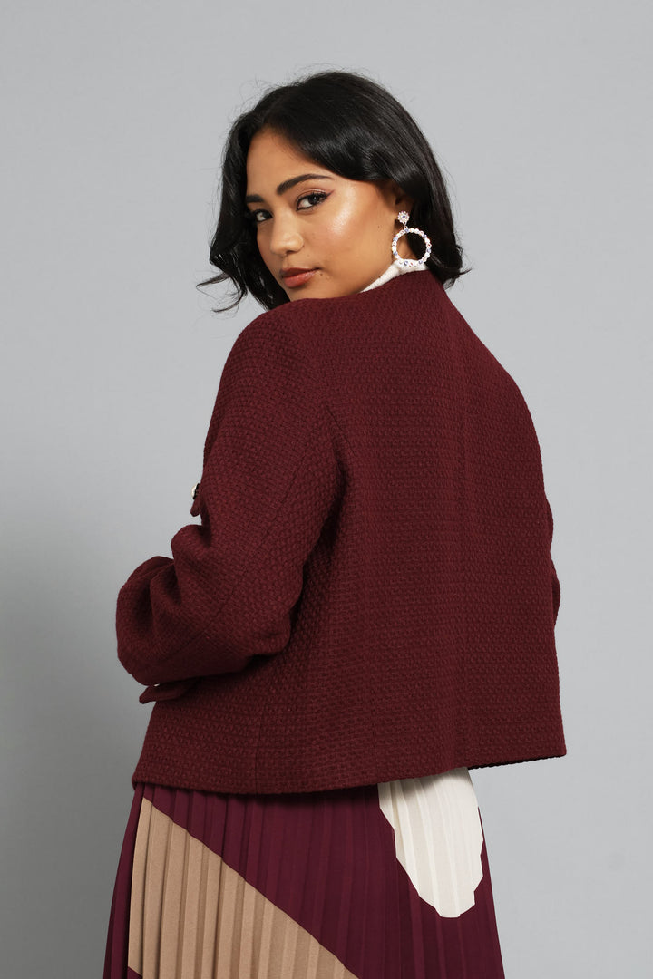 Collarless Tweed Blazer - Burgundy