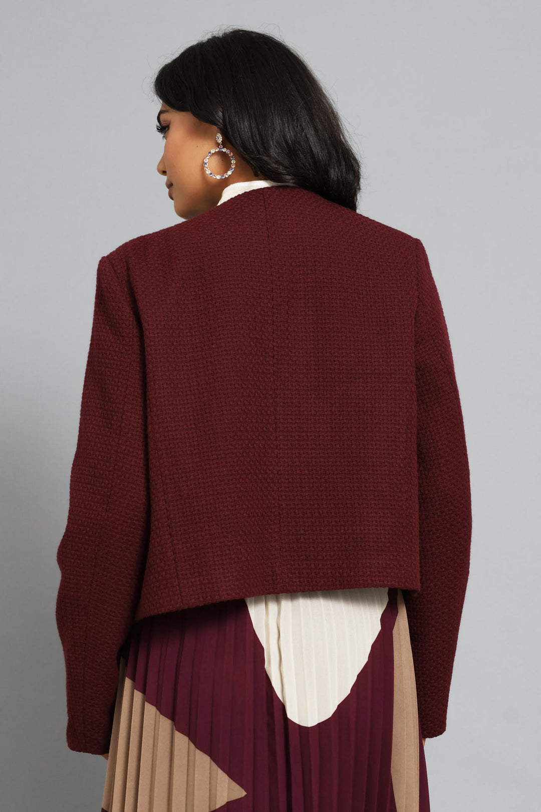 Collarless Tweed Blazer - Burgundy