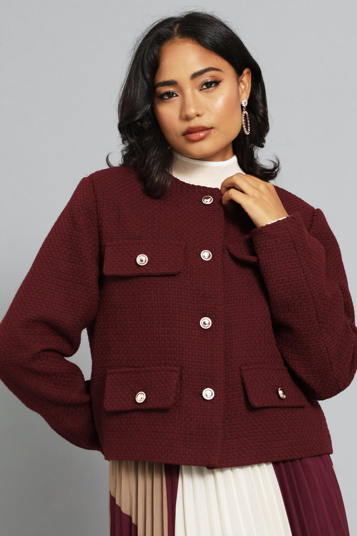 Collarless Tweed Blazer - Burgundy
