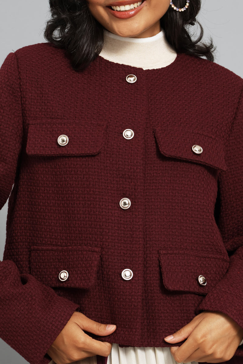 Collarless Tweed Blazer - Burgundy