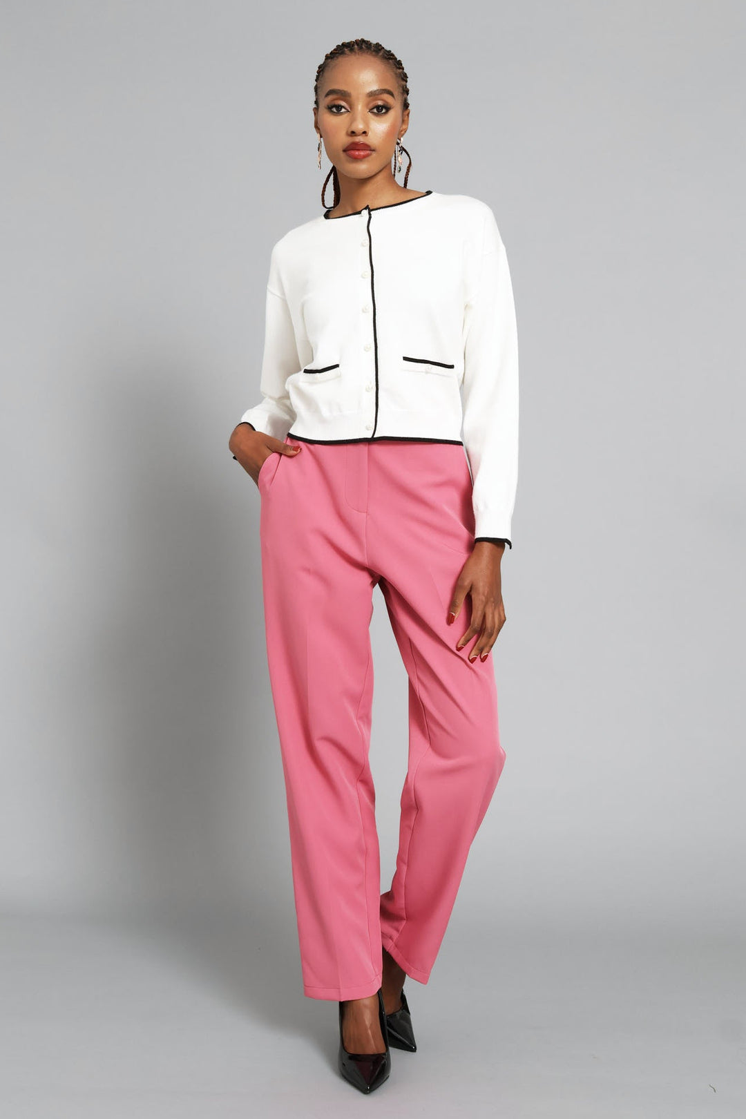 Pearl Welt Pocket Cardigan  - Cream/Black