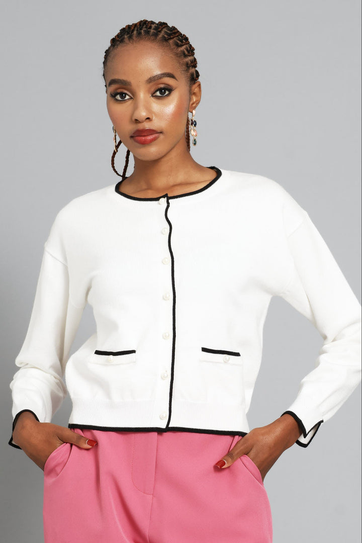 Pearl Welt Pocket Cardigan  - Cream/Black