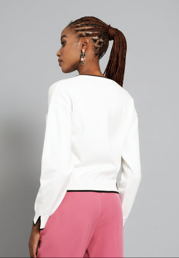 Pearl Welt Pocket Cardigan  - Cream/Black