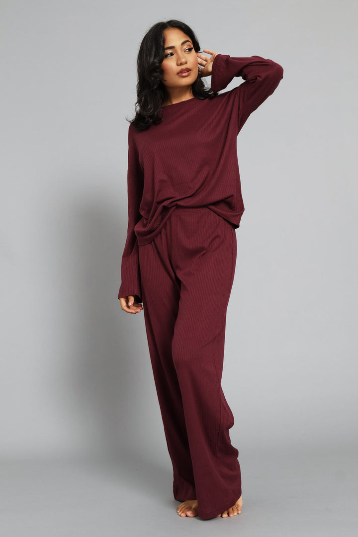 Rib Knit Straight Leg Pant - Burgundy