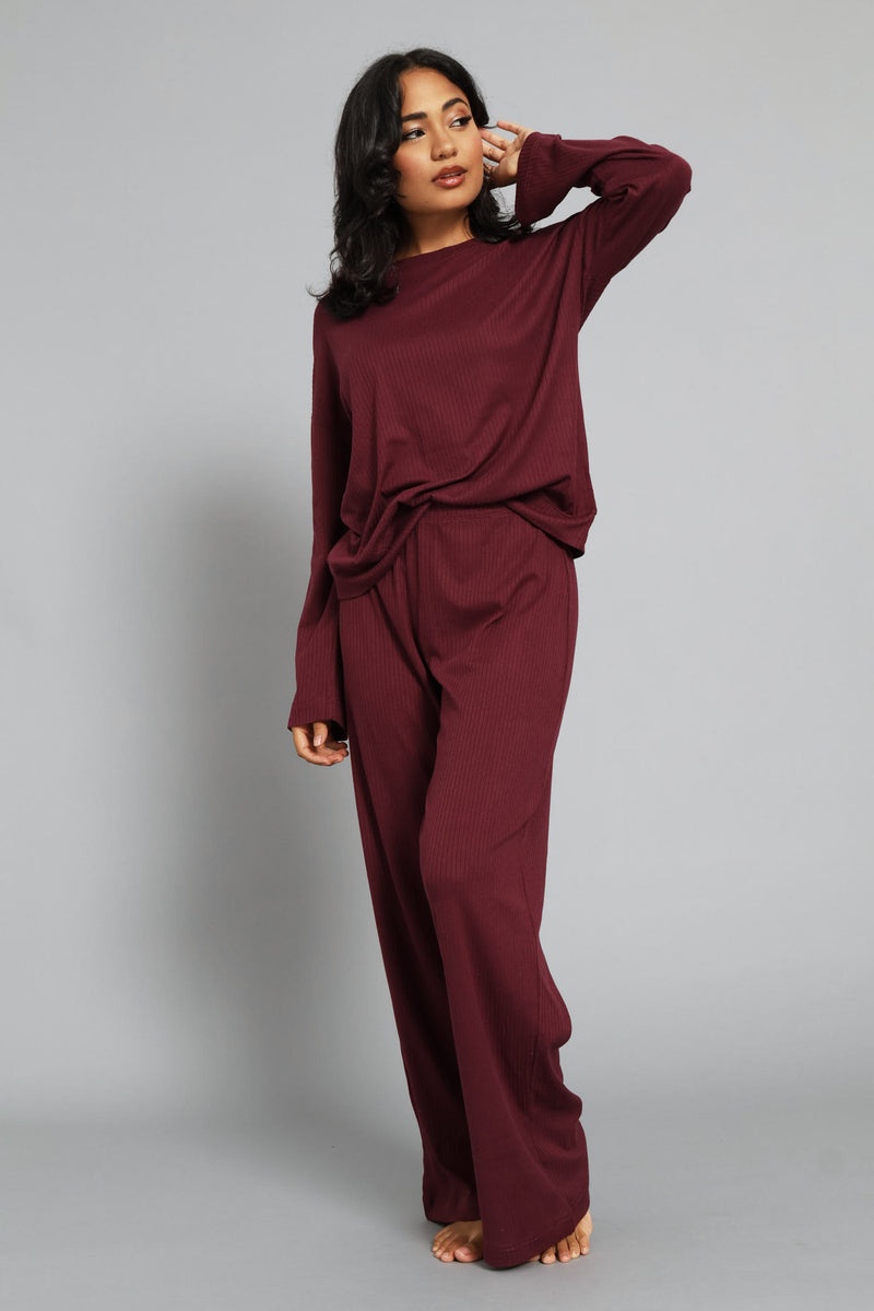 Rib Knit Straight Leg Pant - Burgundy
