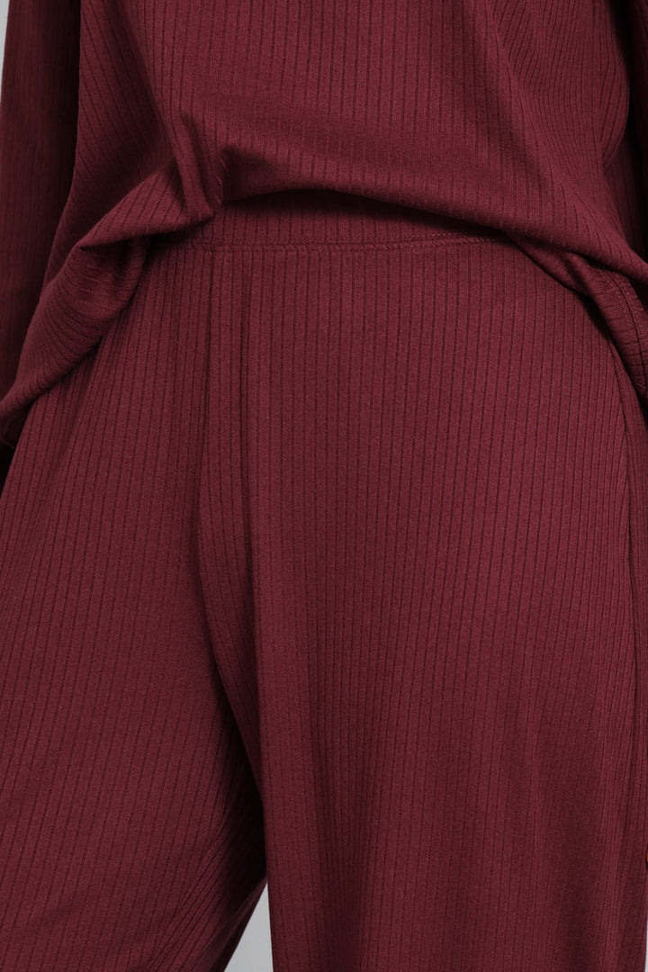 Rib Knit Straight Leg Pant - Burgundy