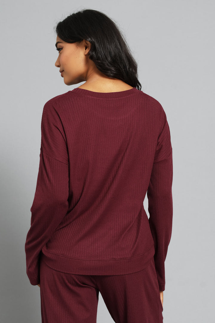 Long Sleve Textured Rib Tee - Burgundy