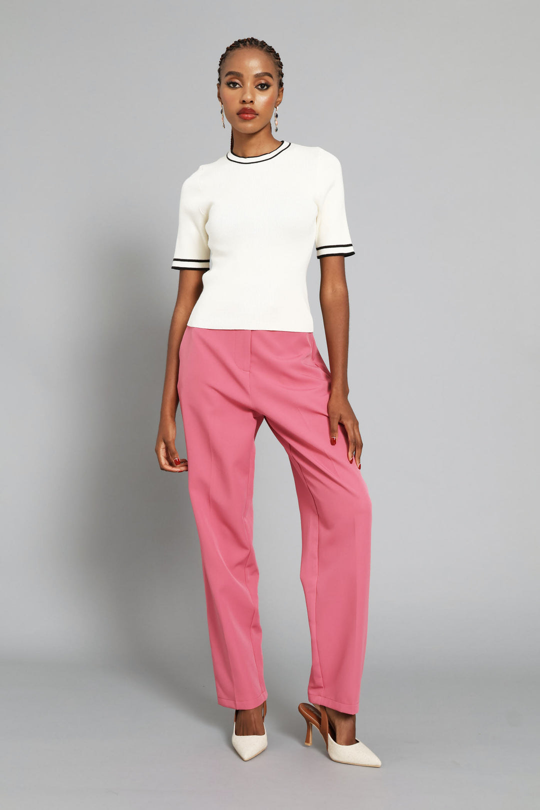 Double Button Extended Tab Tapered Leg Pant - Blush