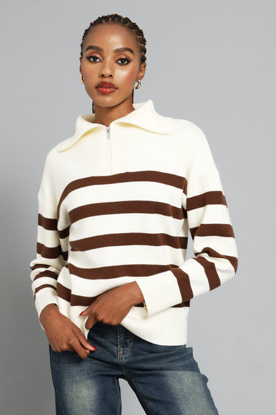 Ladies Quarter Zip Funnel Neck Striped Luxe Pullover - Cream