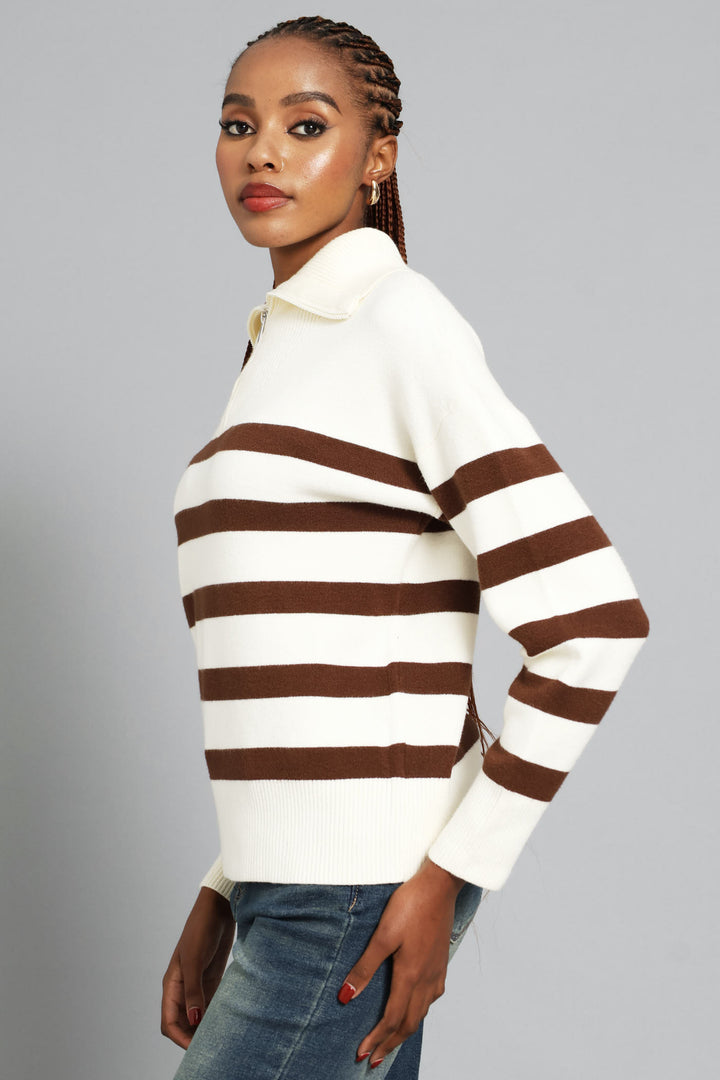 Quarter Zip Funnel Neck Striped Luxe Pullover - Cream/Chocolate