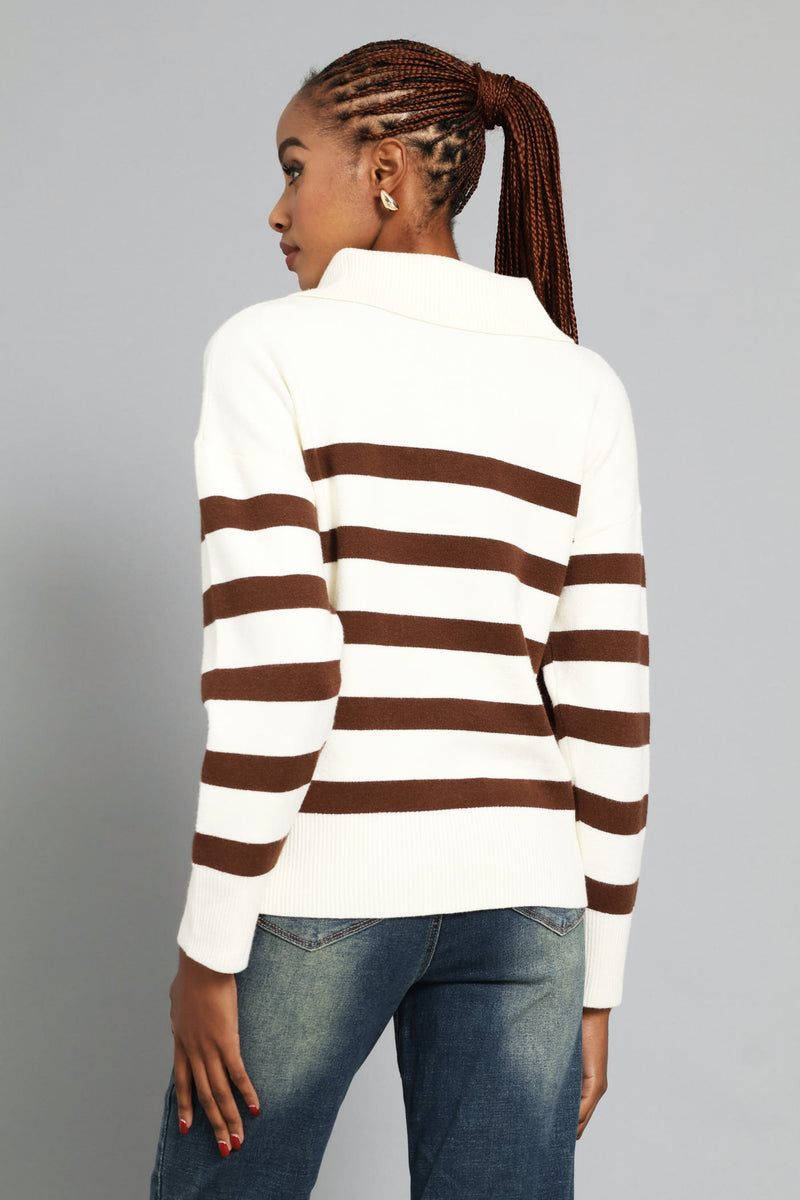 Quarter Zip Funnel Neck Striped Luxe Pullover - Cream/Chocolate