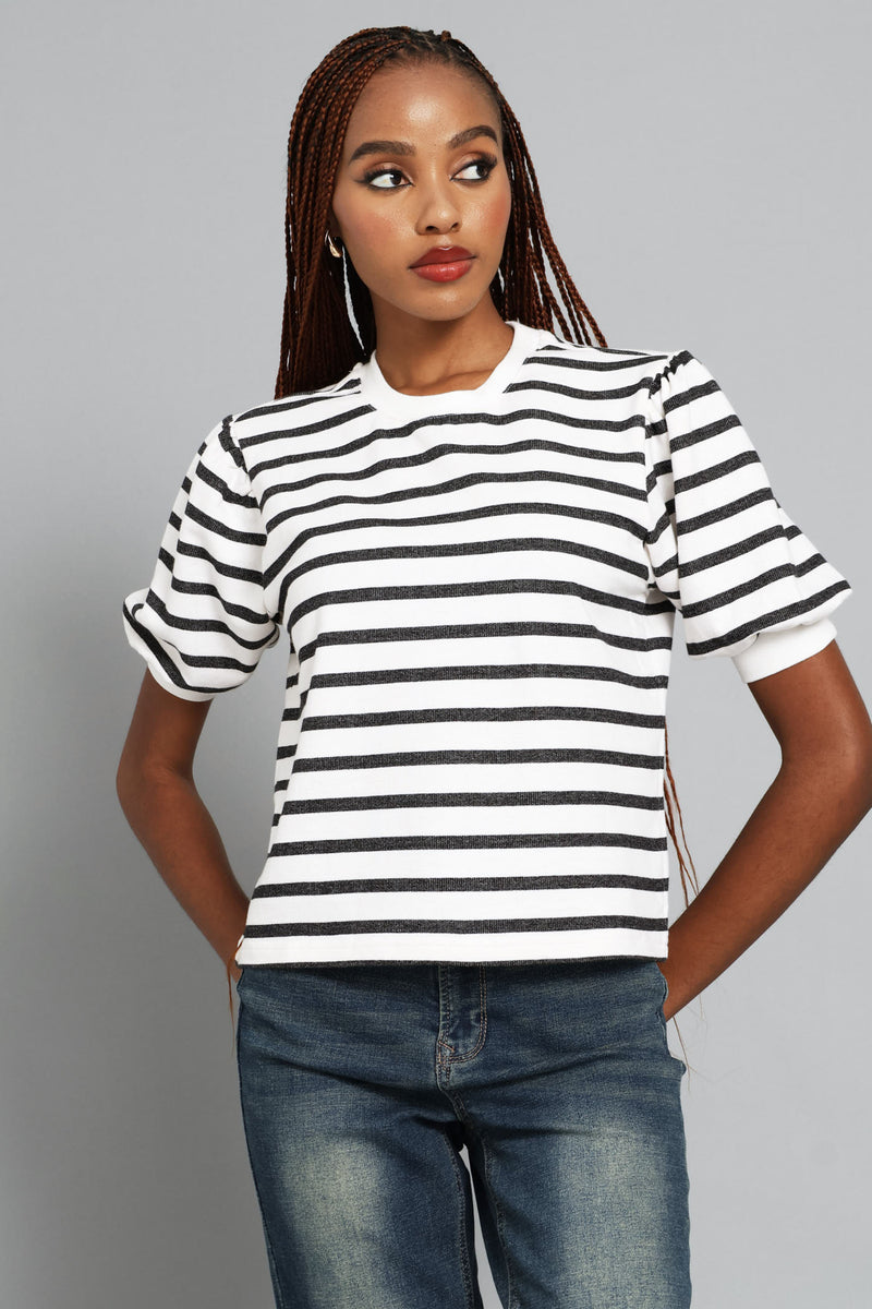 Bubble Sleeve Fleece Top - Black/White