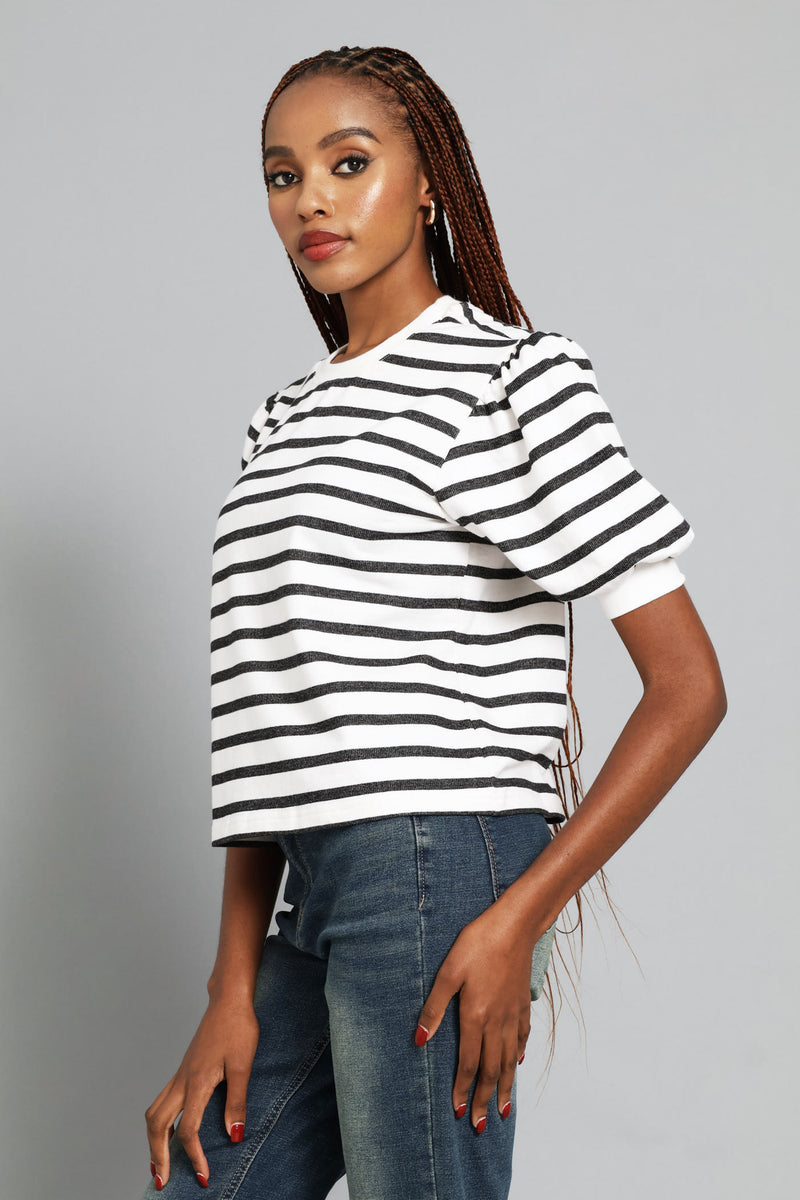 Bubble Sleeve Fleece Top - Black/White