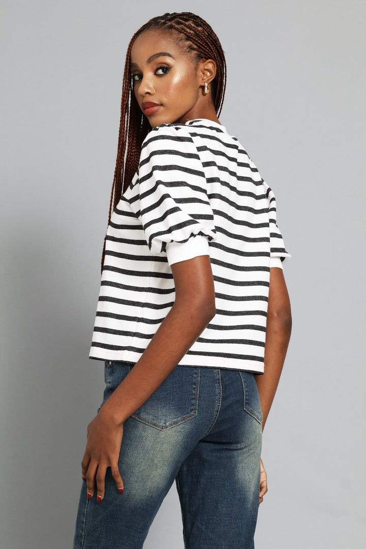Bubble Sleeve Fleece Top - Black/White