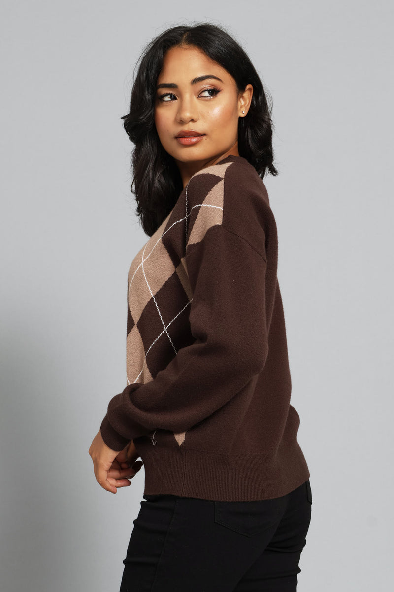 Luxe Argyle Pullover - Brown/Taupe