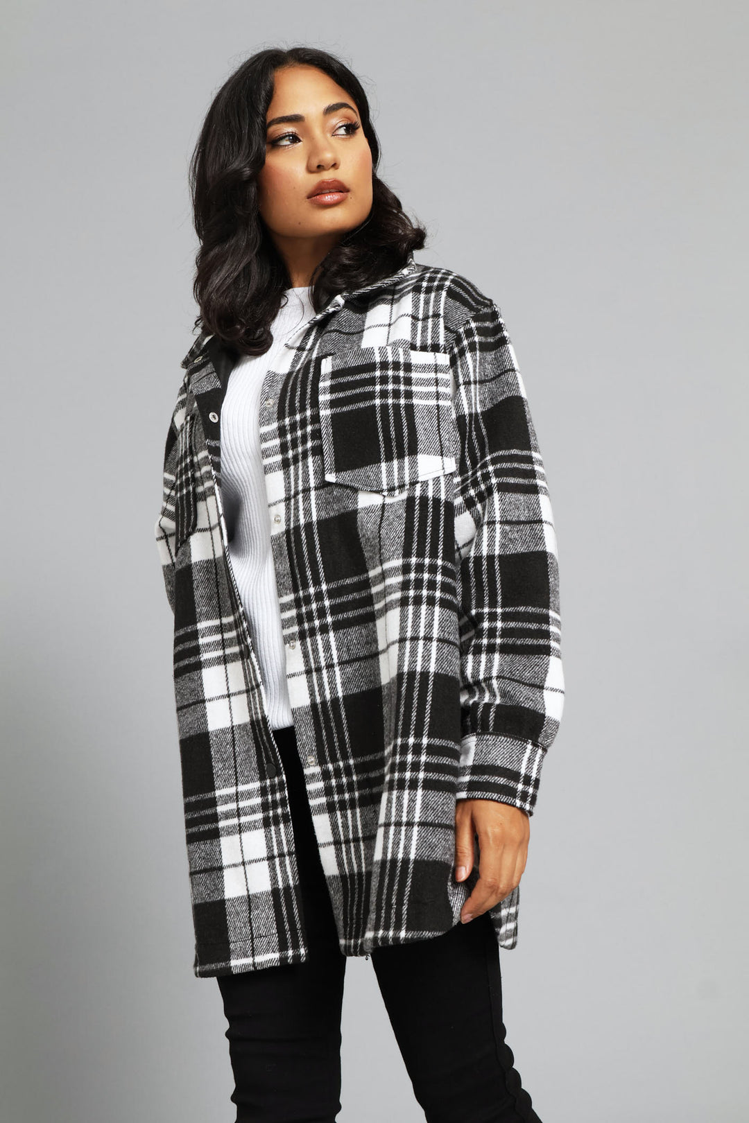 Button Through Pocket Detail Oversized Heavy Lined Melton Jacket - Black/White