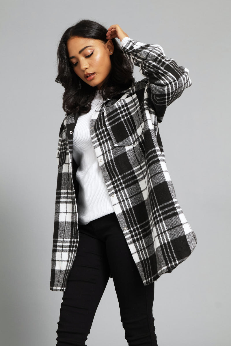 Button Through Pocket Detail Oversized Heavy Lined Melton Jacket - Black/White