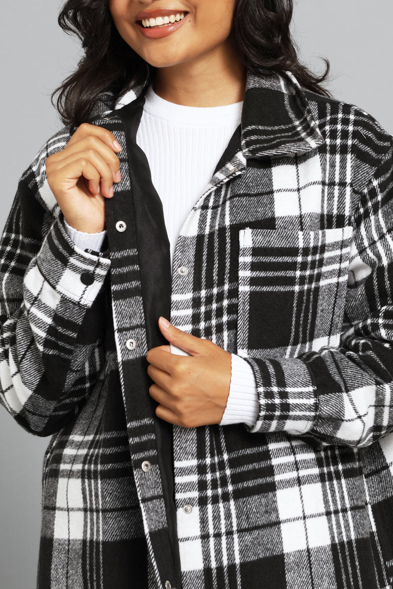 Button Through Pocket Detail Oversized Heavy Lined Melton Jacket - Black/White