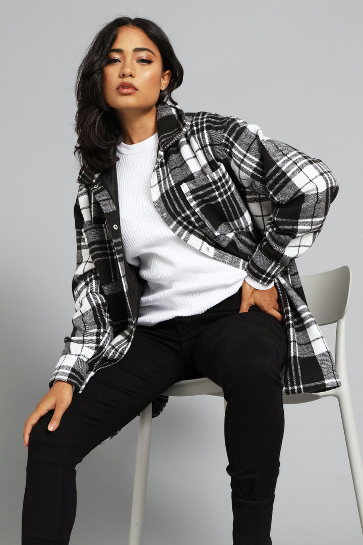 Button Through Pocket Detail Oversized Heavy Lined Melton Jacket - Black/White