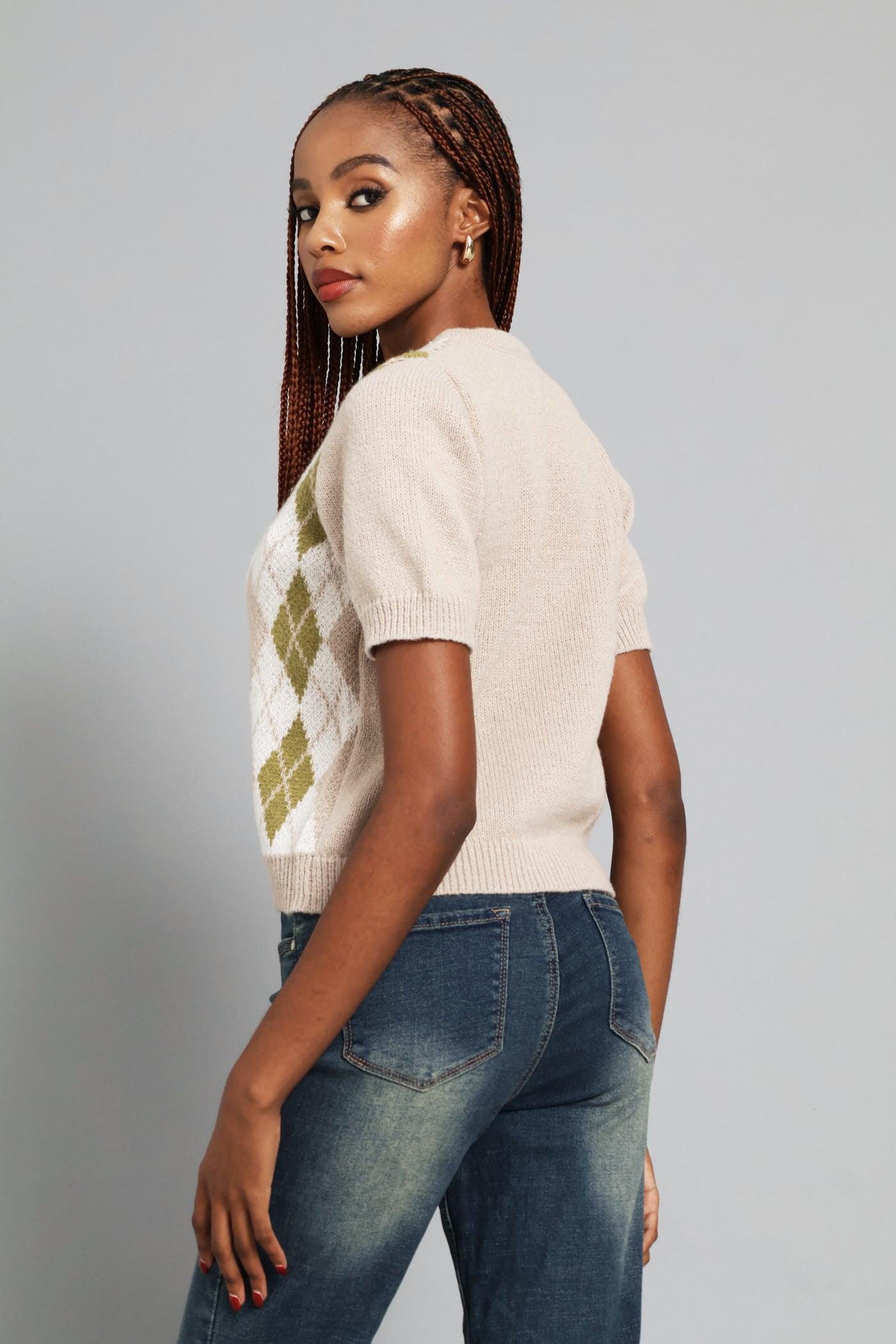 Ladies Argyle Knitwear Button Through Top - Oatmeal – Edgars