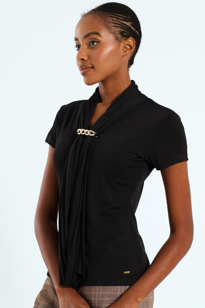 Pleated Tie Up Trim Blouse - Black