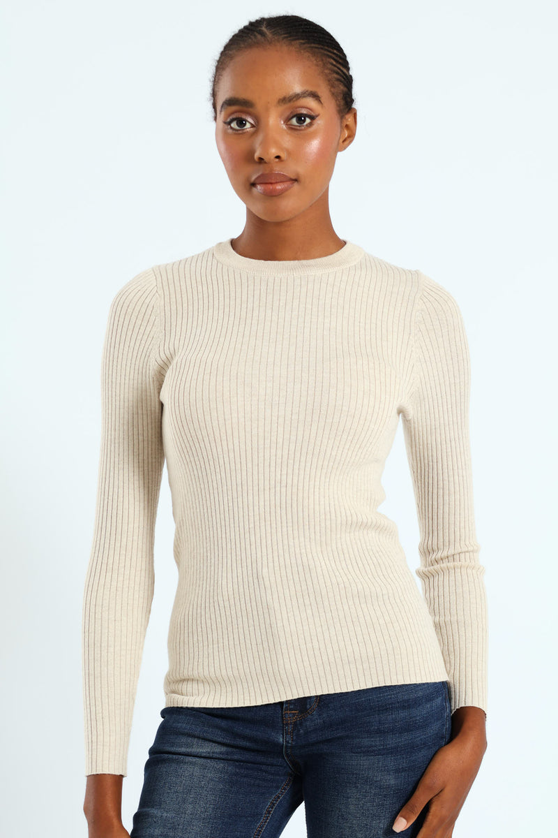 Ribbed Plain Pullover - Oatmeal Melange