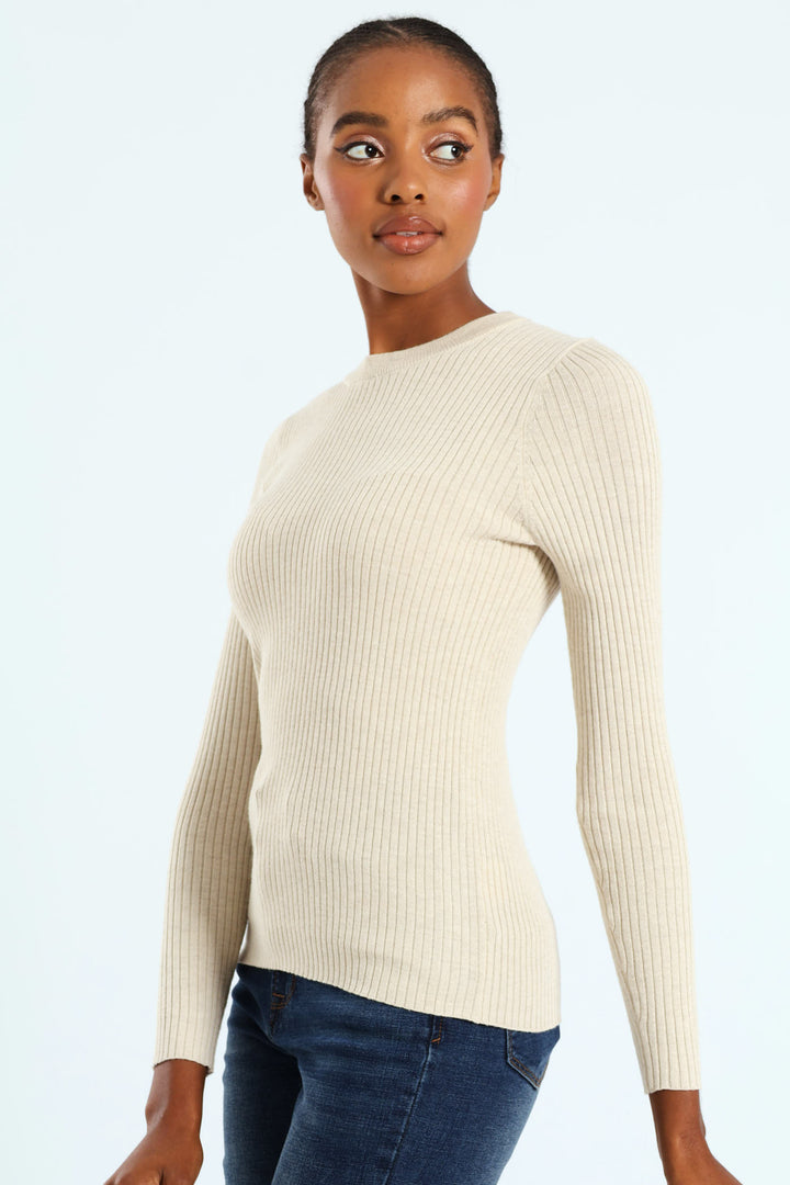 Ribbed Plain Pullover - Oatmeal Melange