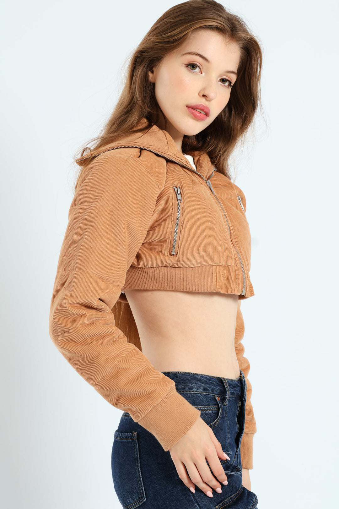 Cropped Corduroy Puffer Jacket - Camel