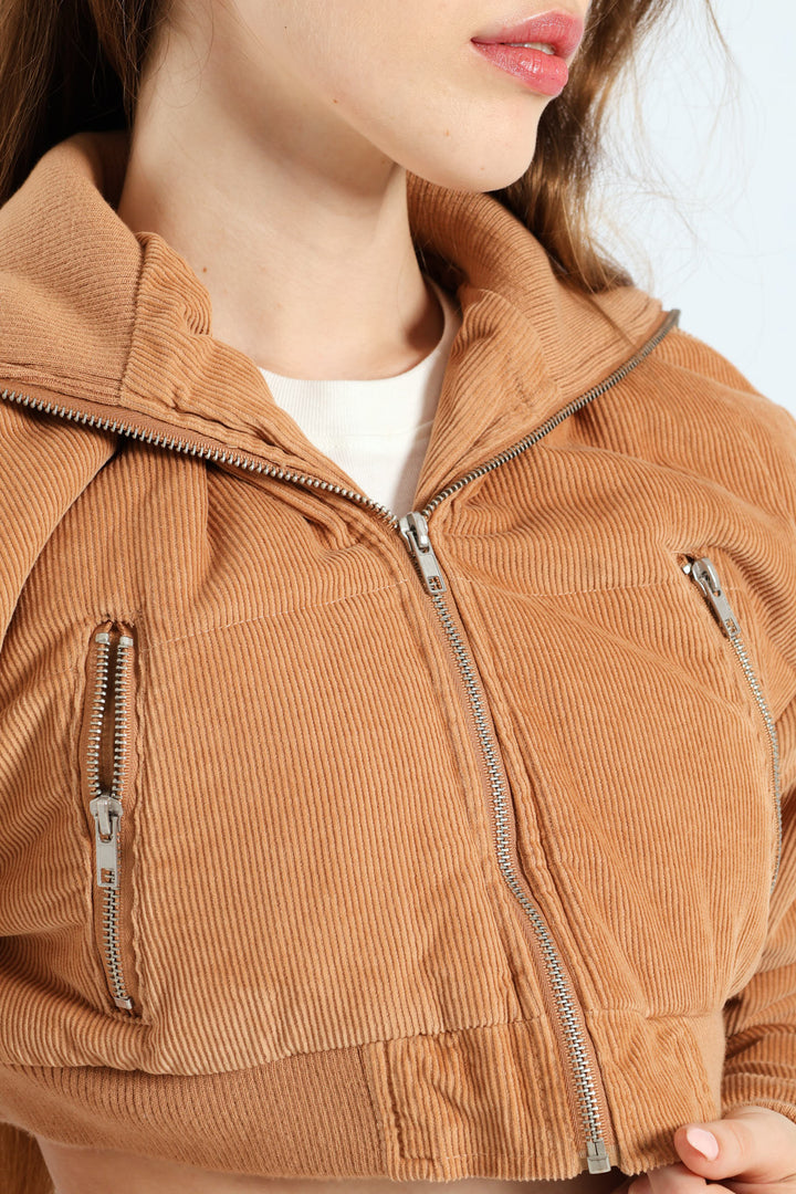 Cropped Corduroy Puffer Jacket - Camel