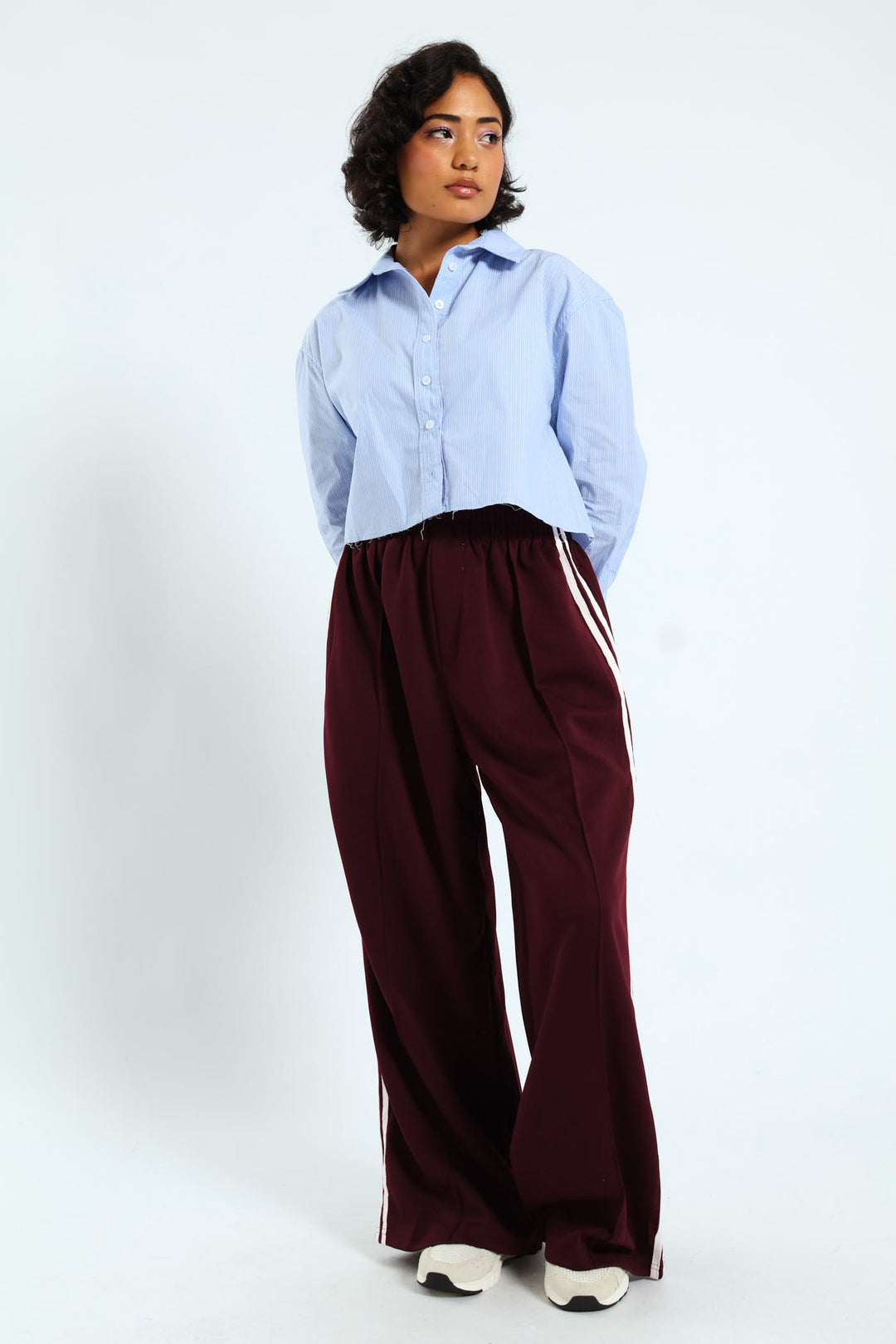 Long Sleeve Yarn Dyed Crop Shirt - Blue