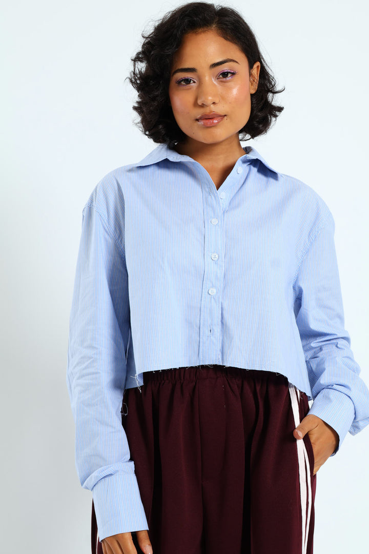 Long Sleeve Yarn Dyed Crop Shirt - Blue