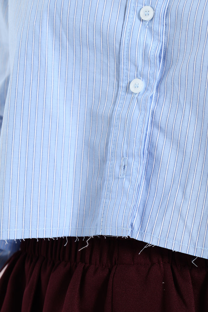 Long Sleeve Yarn Dyed Crop Shirt - Blue