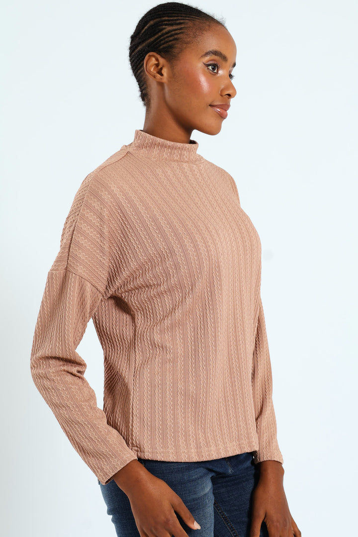 Cable Design Turtleneck Tee - Brown