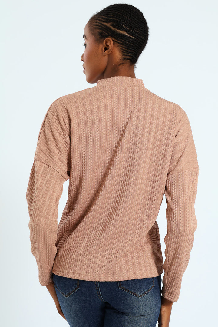 Cable Design Turtleneck Tee - Brown