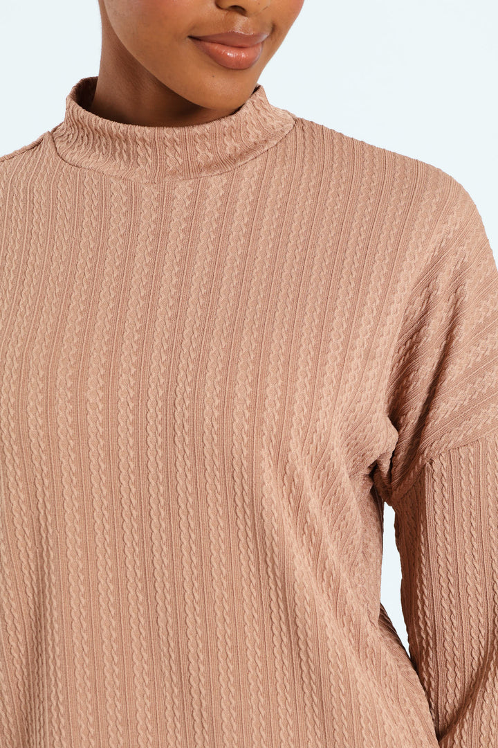Cable Design Turtleneck Tee - Brown