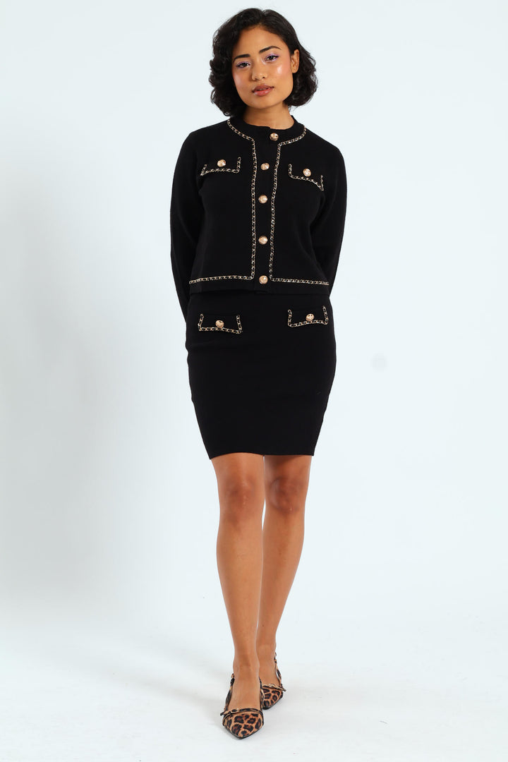 Knit Cardigan With Woven Chain Details - Black