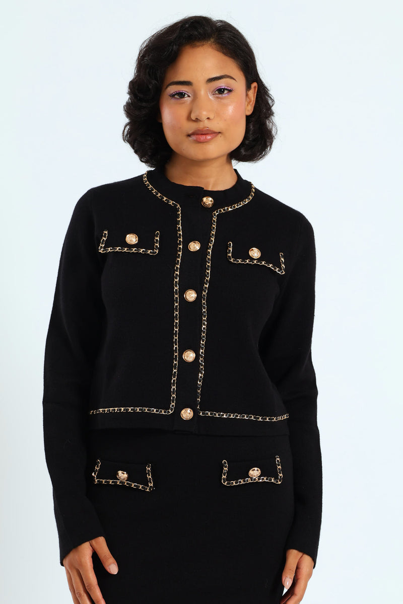 Knit Cardigan With Woven Chain Details - Black