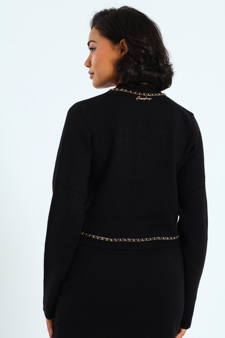 Knit Cardigan With Woven Chain Details - Black