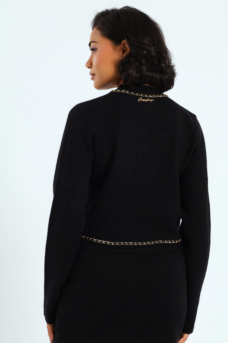Knit Cardigan With Woven Chain Details - Black