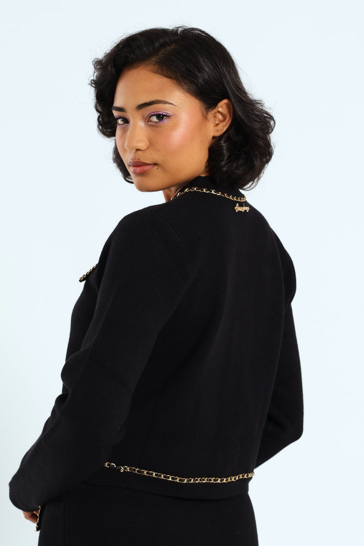 Knit Cardigan With Woven Chain Details - Black