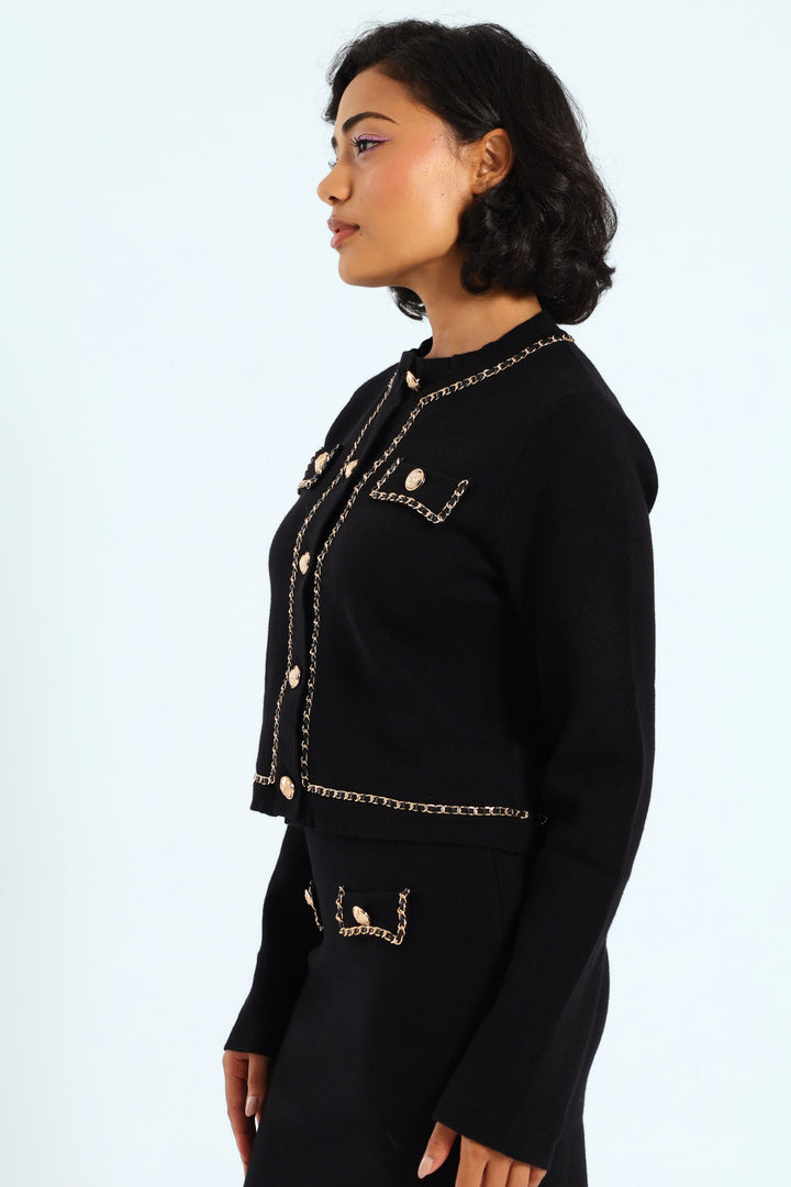 Knit Cardigan With Woven Chain Details - Black