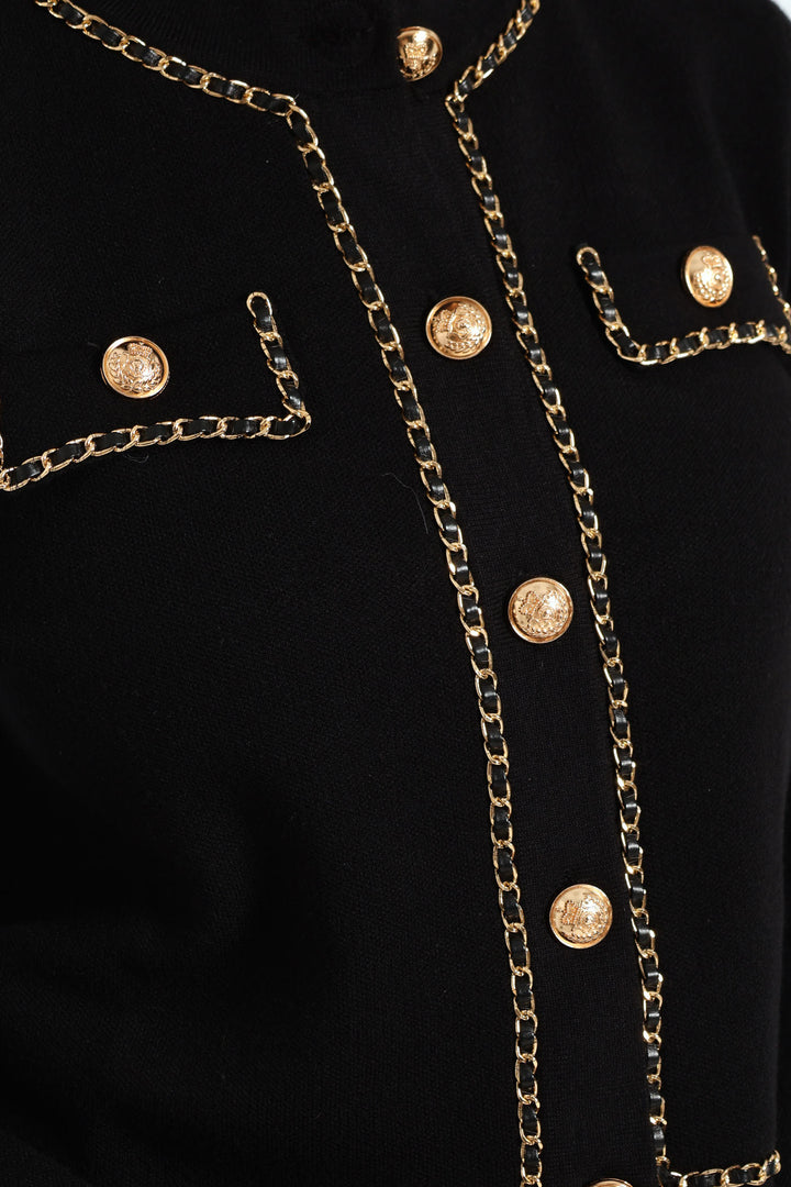 Knit Cardigan With Woven Chain Details - Black