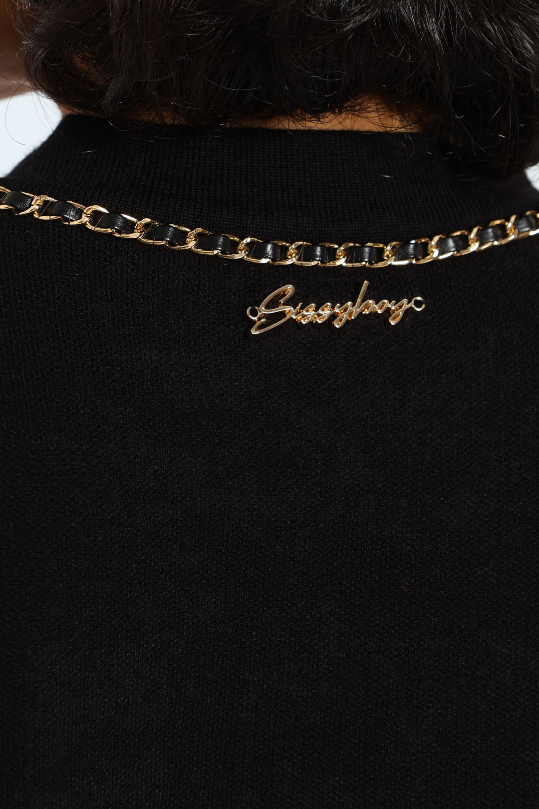 Knit Cardigan With Woven Chain Details - Black
