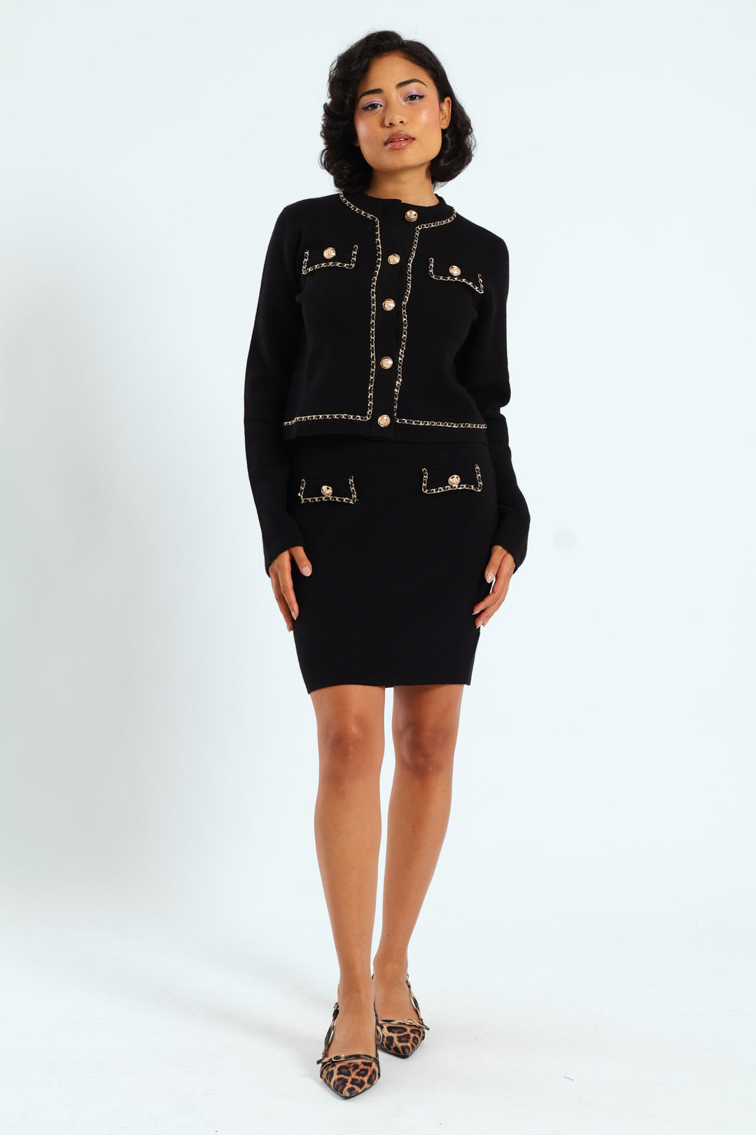 Knit Skirt With Woven Chain Details - Black