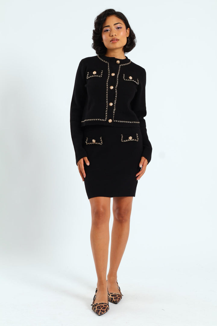 Knit Skirt With Woven Chain Details - Black
