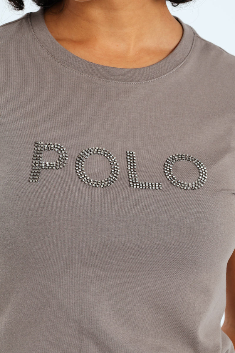 Lily Short Sleeve Beaded T-Shirt - Grey