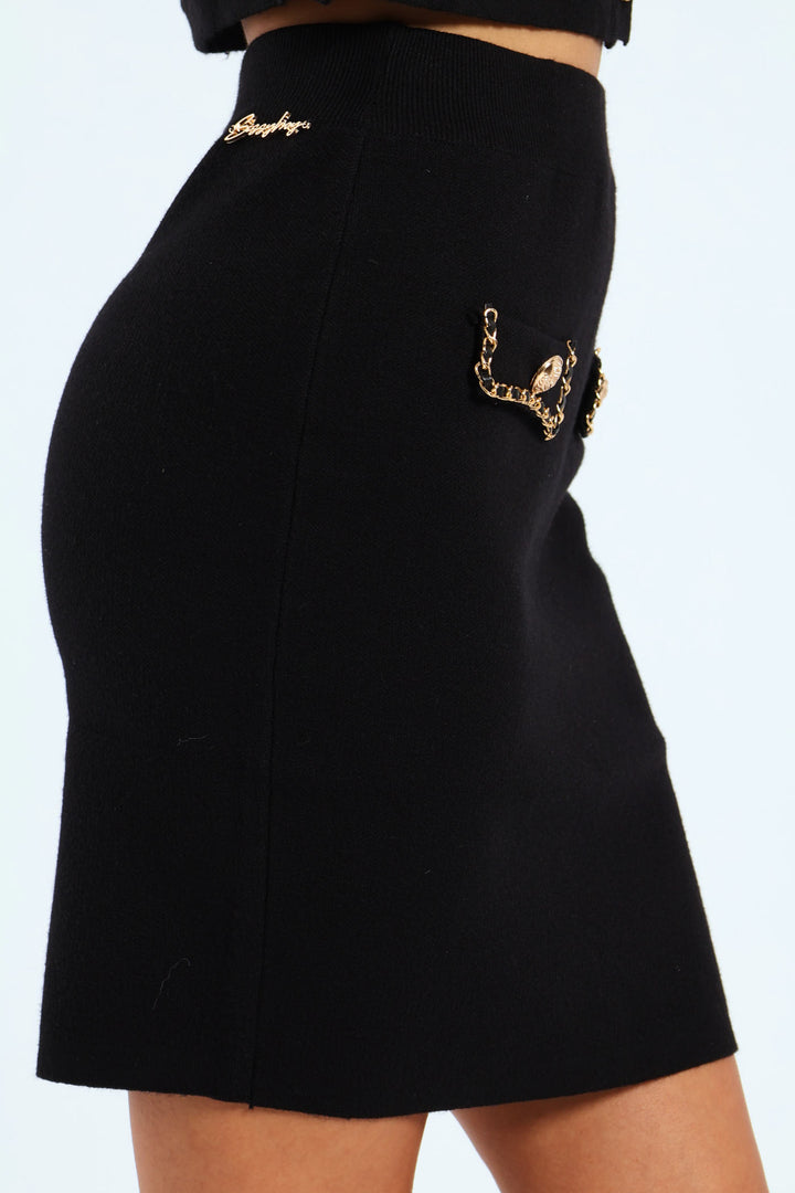 Knit Skirt With Woven Chain Details - Black