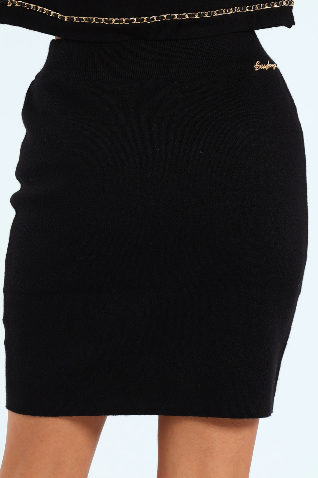 Knit Skirt With Woven Chain Details - Black