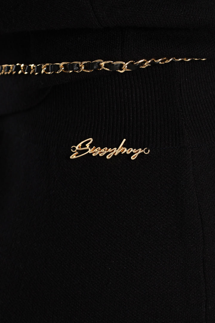 Knit Skirt With Woven Chain Details - Black