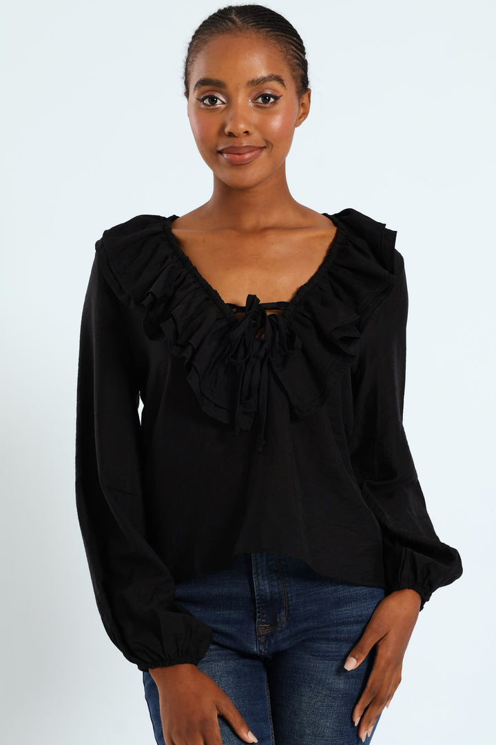 Ruffle Romatic Blouse With Lace Up Ties - Black